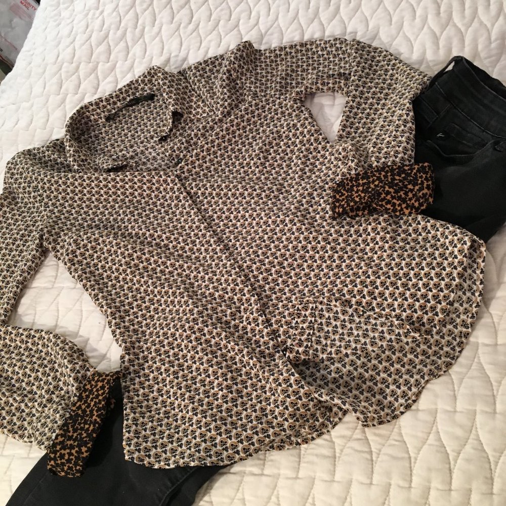 Zara Tan Yellow Black Flower Print Blouse - Picture 5 of 8